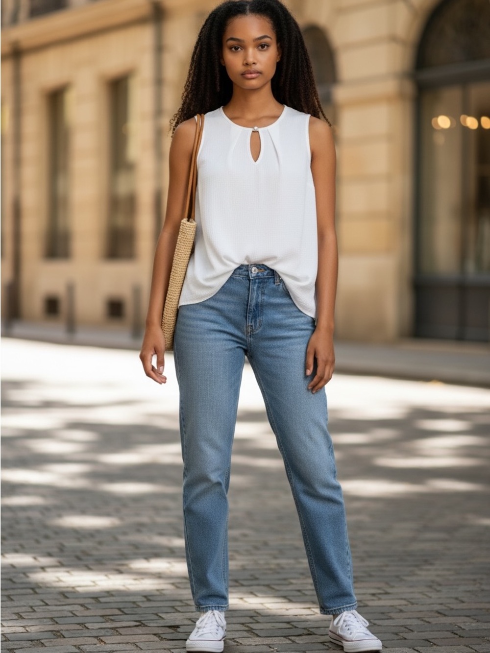 Twenty Second White Sleeveless Keyhole Blouse | Pearl Detail | NWT | Size Large